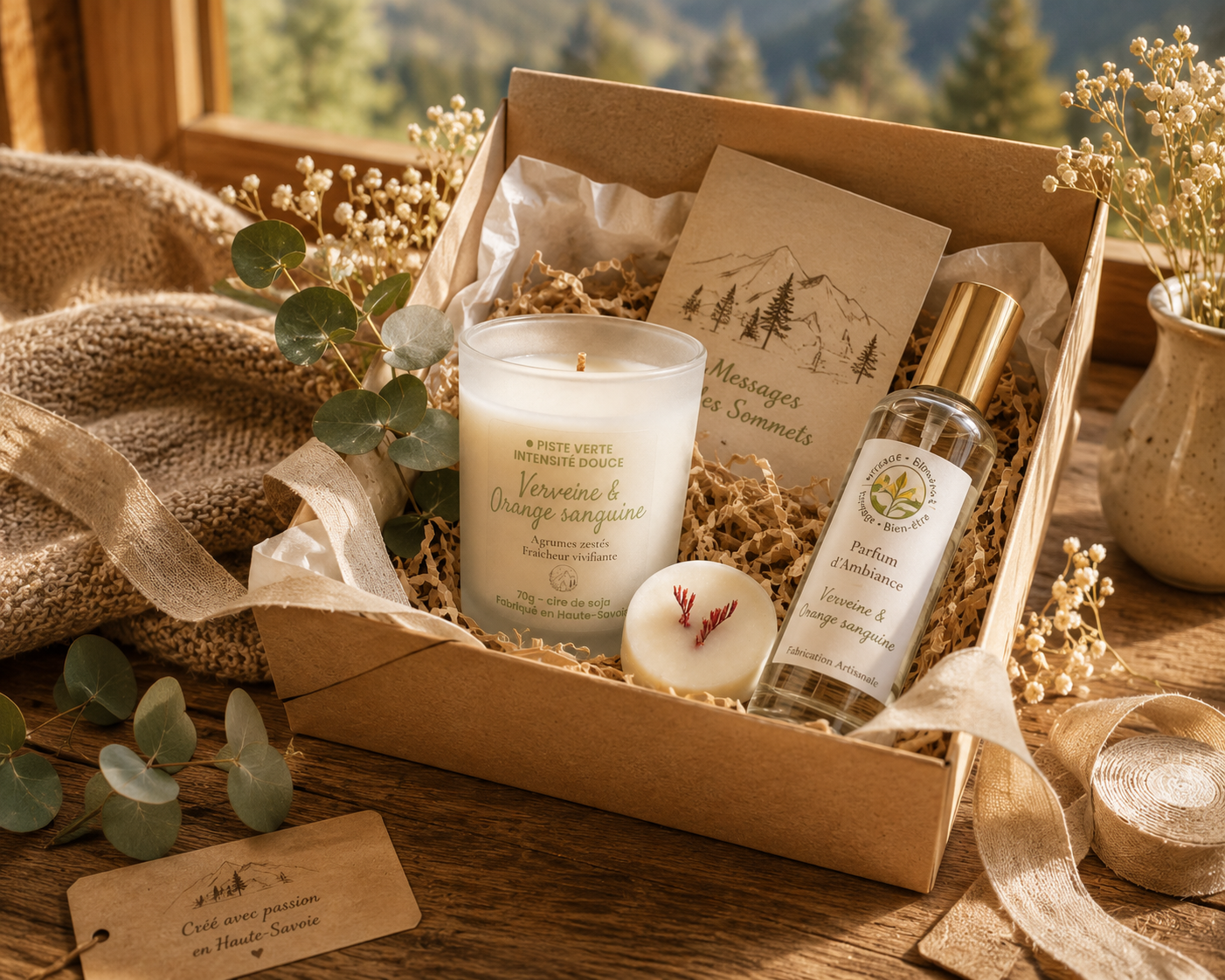 Coffret ouvert avec bougie, fondants et créations parfumées